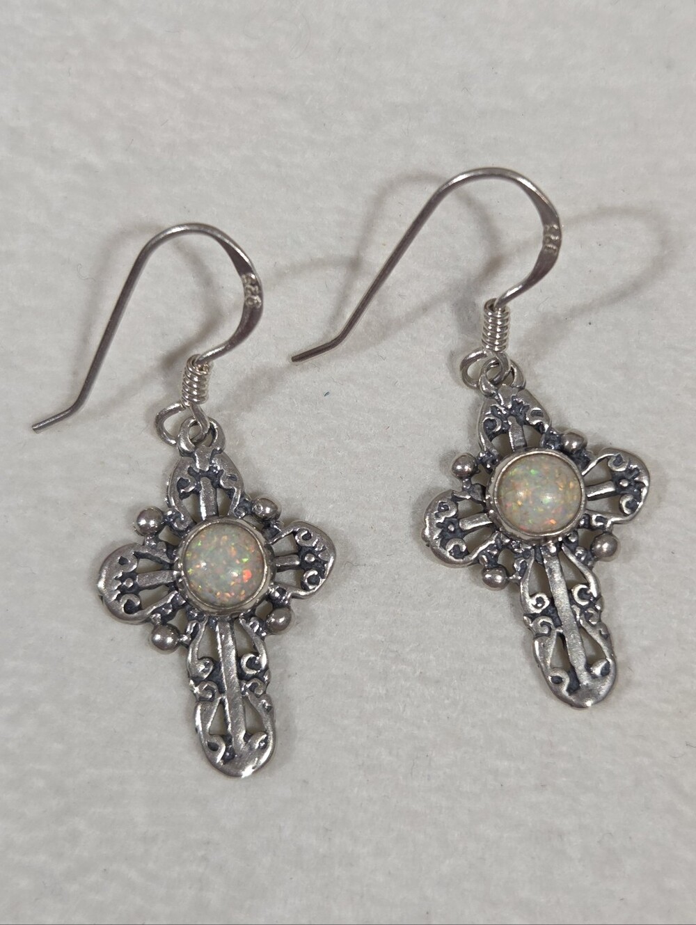 Genuine Vintage Sterling Silver Engraved Filligree Cross Earrings With Opals